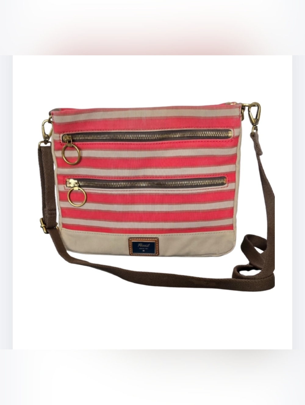 Fossil Pink & Tan Striped Canvas Messenger Crossbody Bag Brass Purse